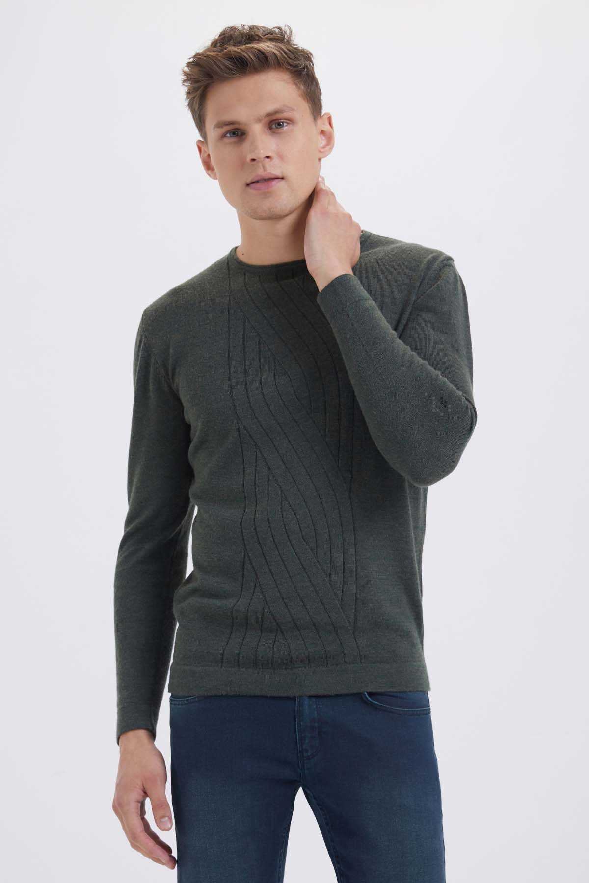 Regular Fit Plain Wool Blend Navy Crewneck Sweater Khaki