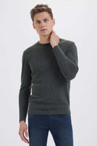 Regular Fit Plain Wool Blend Navy Crewneck Sweater Khaki