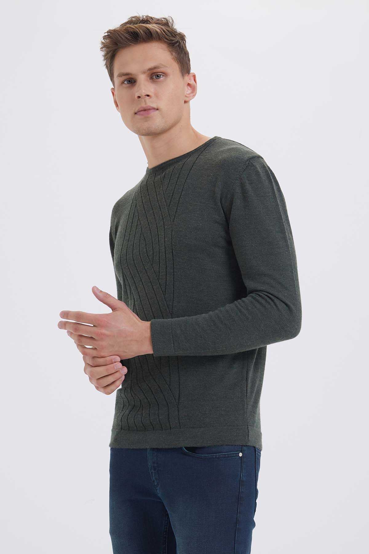 Regular Fit Plain Wool Blend Navy Crewneck Sweater Khaki