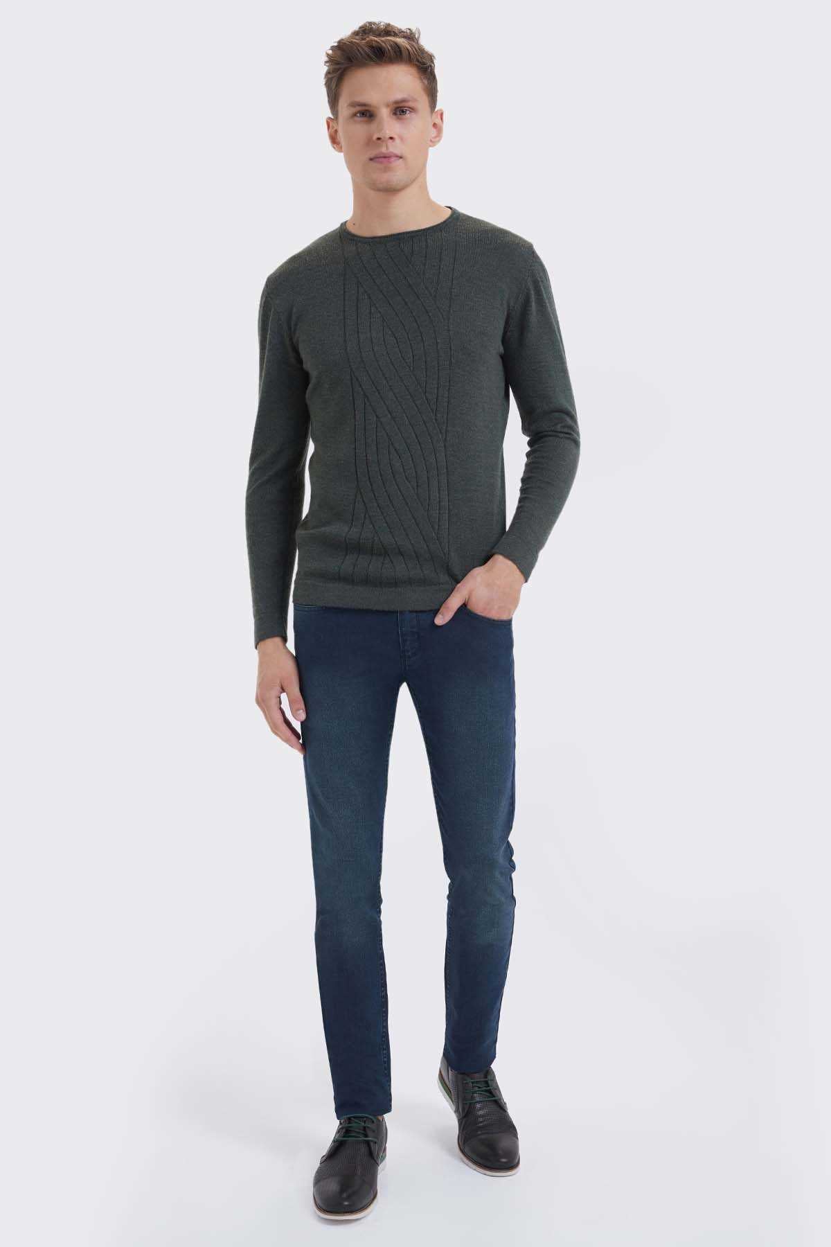 Regular Fit Plain Wool Blend Navy Crewneck Sweater Khaki