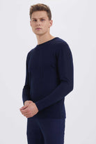 Regular Fit Plain Wool Blend Navy Crewneck Sweater Navy