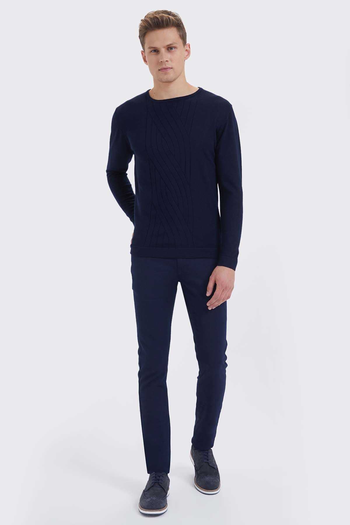 Regular Fit Plain Wool Blend Navy Crewneck Sweater Navy