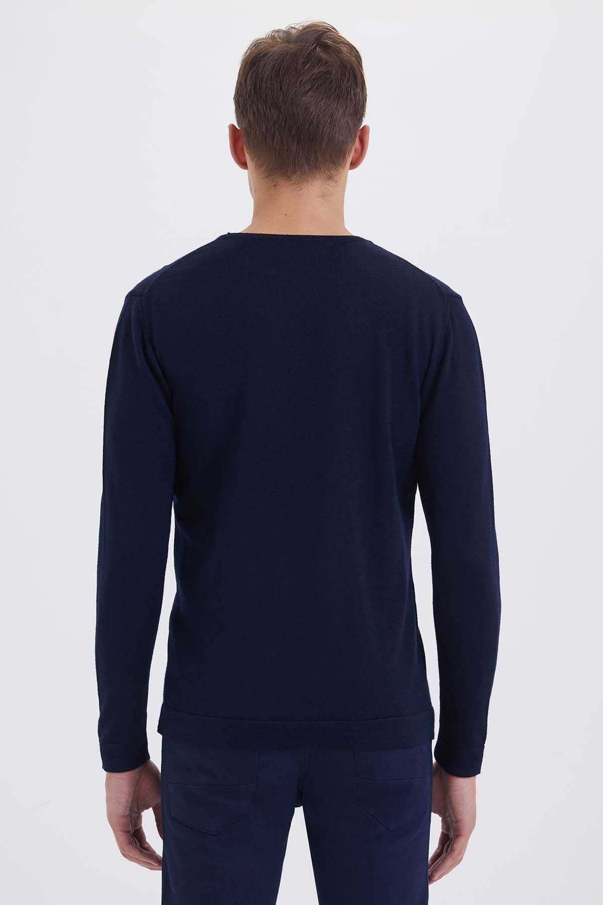 Regular Fit Plain Wool Blend Navy Crewneck Sweater Navy