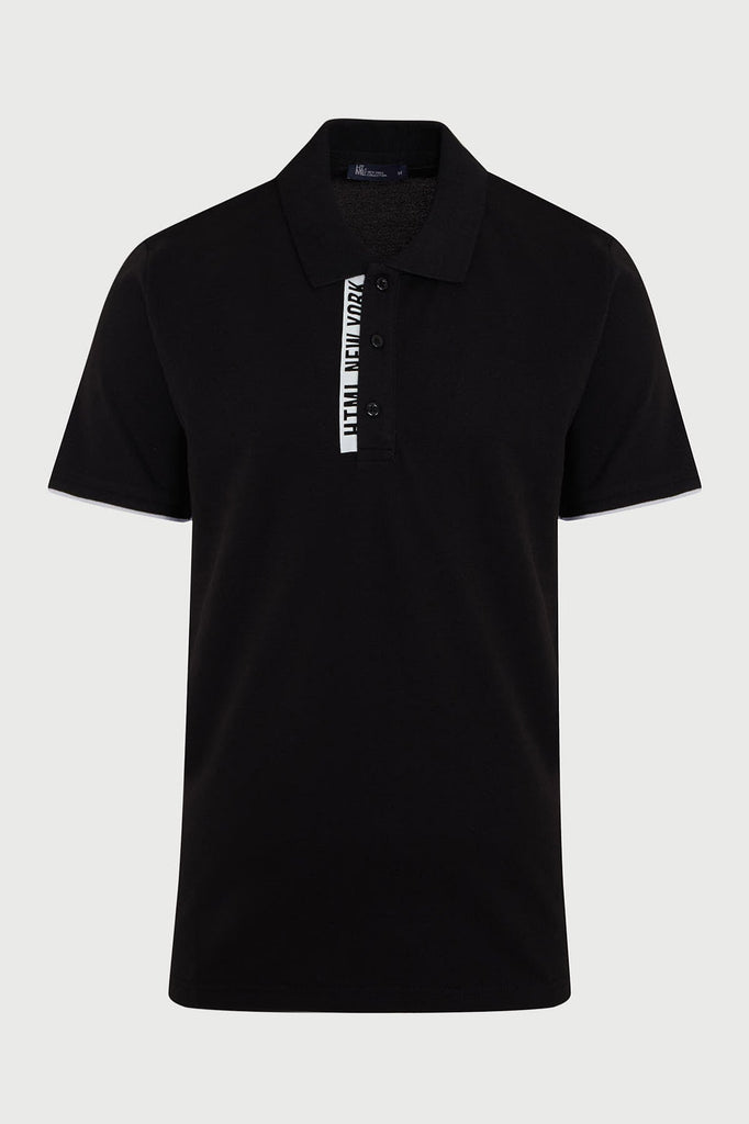 Regular Fit Printed Cotton Polo T-shirt Black - MIB
