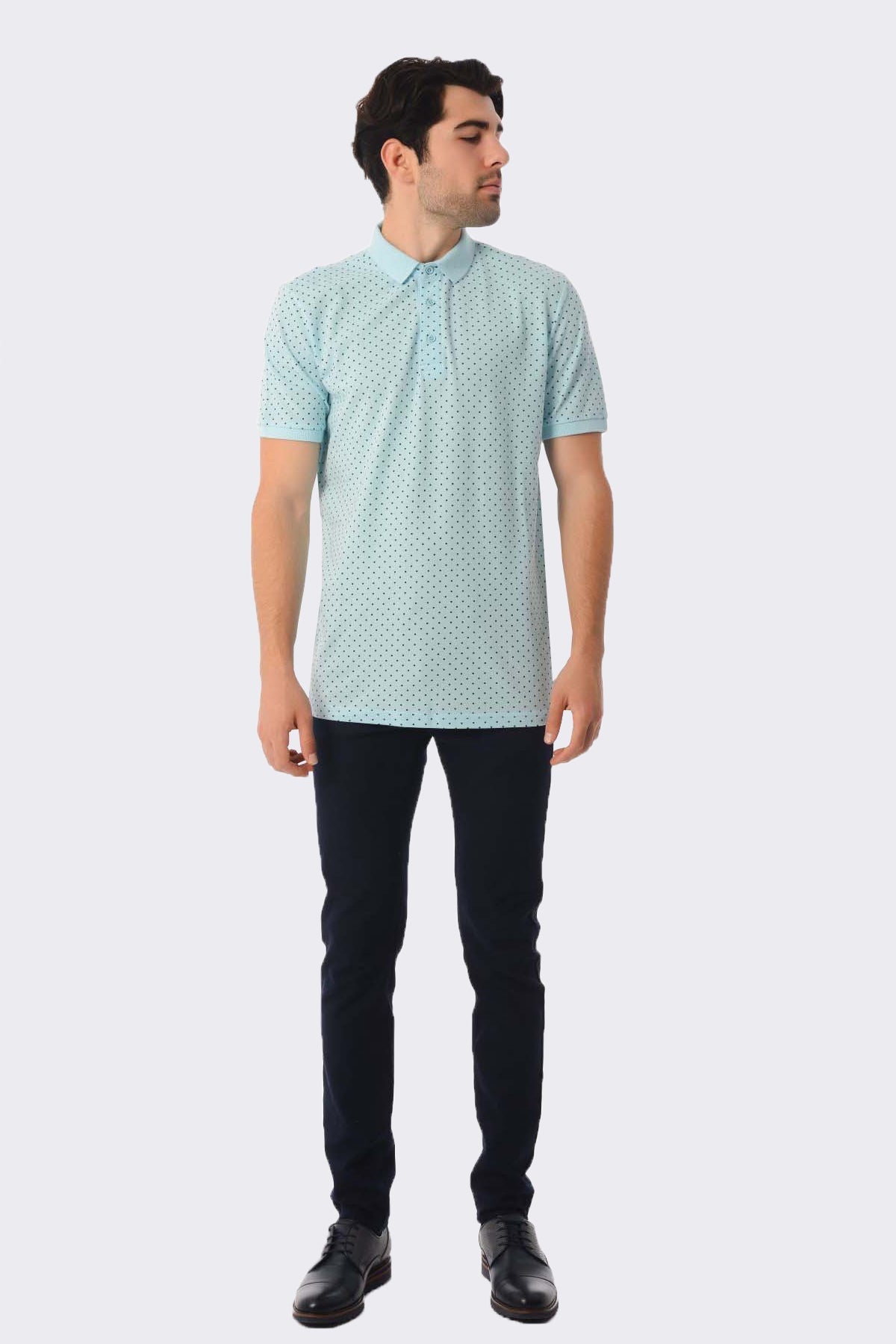 Regular Fit Printed Cotton Polo T-shirt Light Blue-Navy