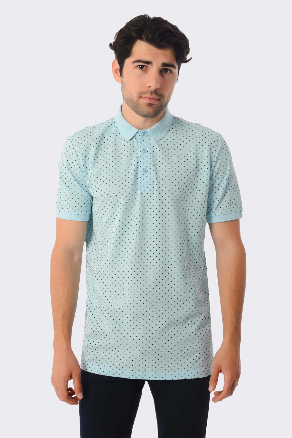 Regular Fit Printed Cotton Polo T-shirt Light Blue-Navy