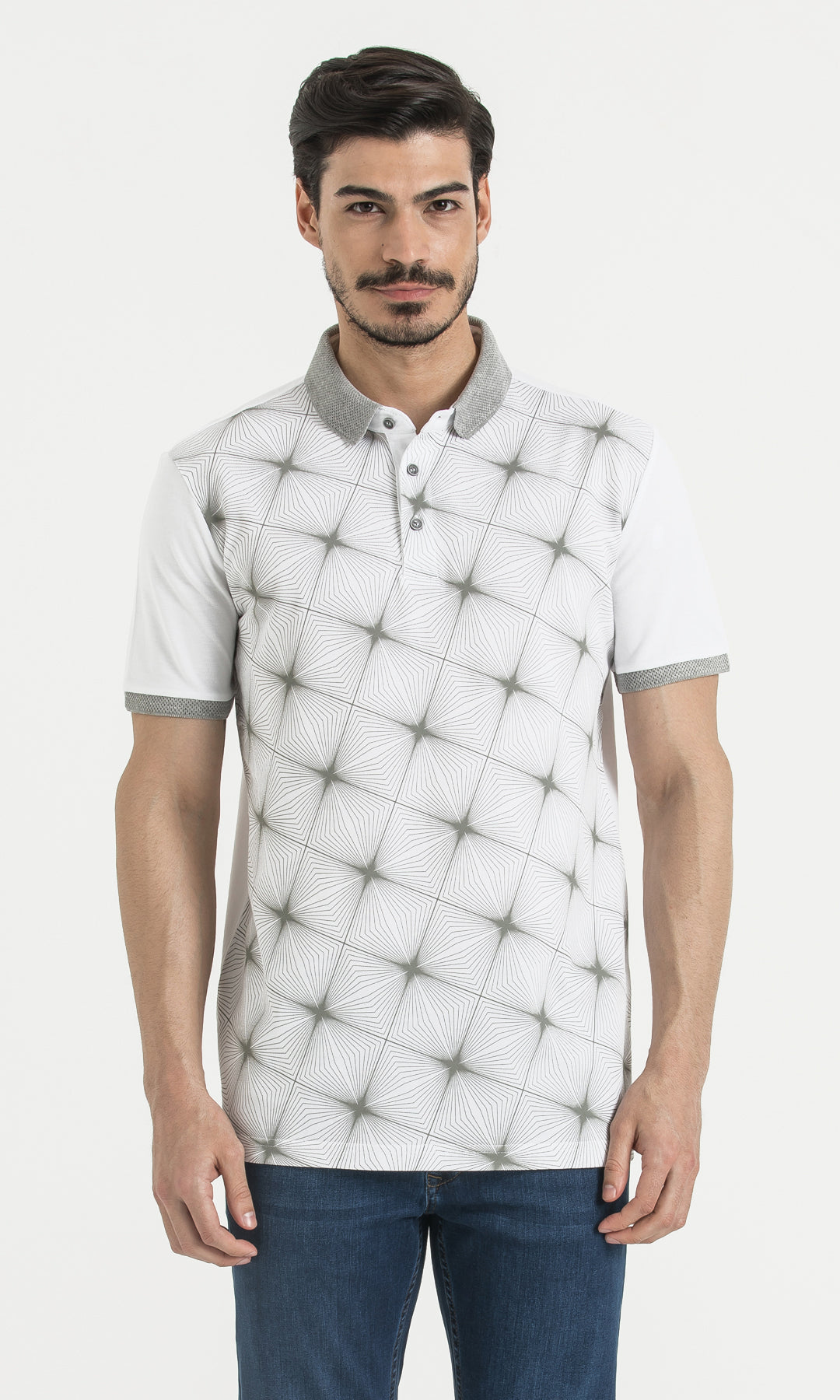 Regular Fit Printed Cotton White - Gray Polo T-Shirt - MIB