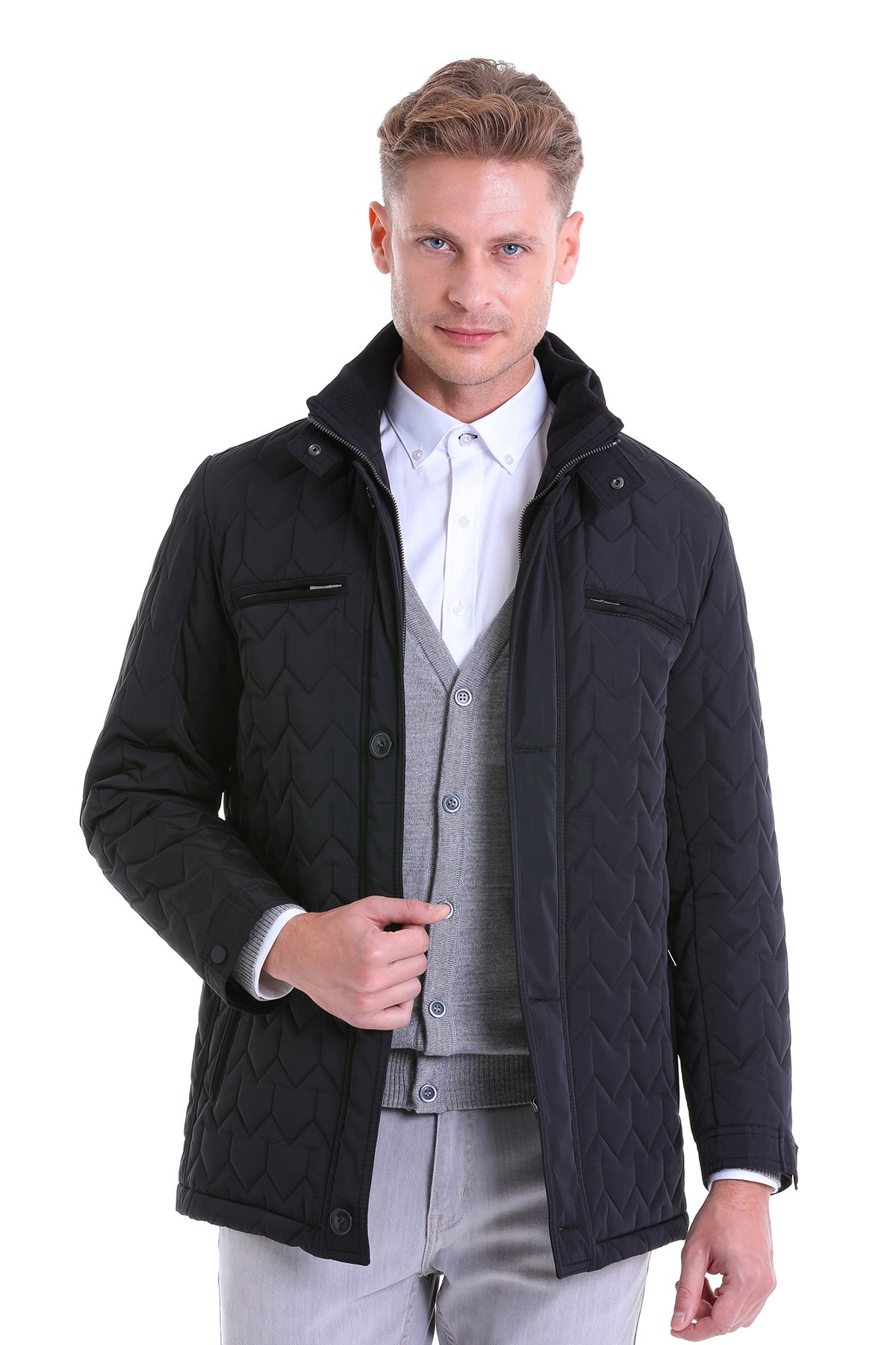 Regular Fit Quilted 1655 Stand Collar Khaki Coat Black