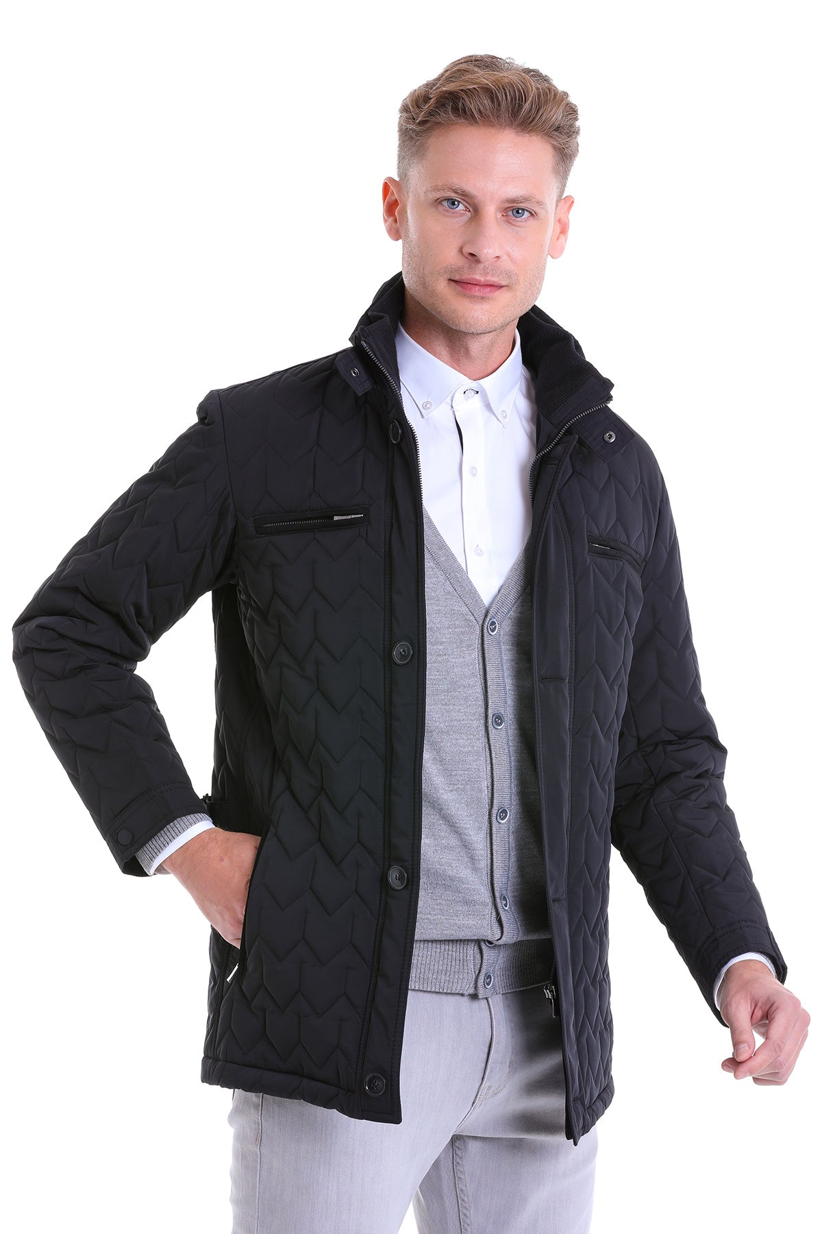 Regular Fit Quilted 1655 Stand Collar Khaki Coat Black