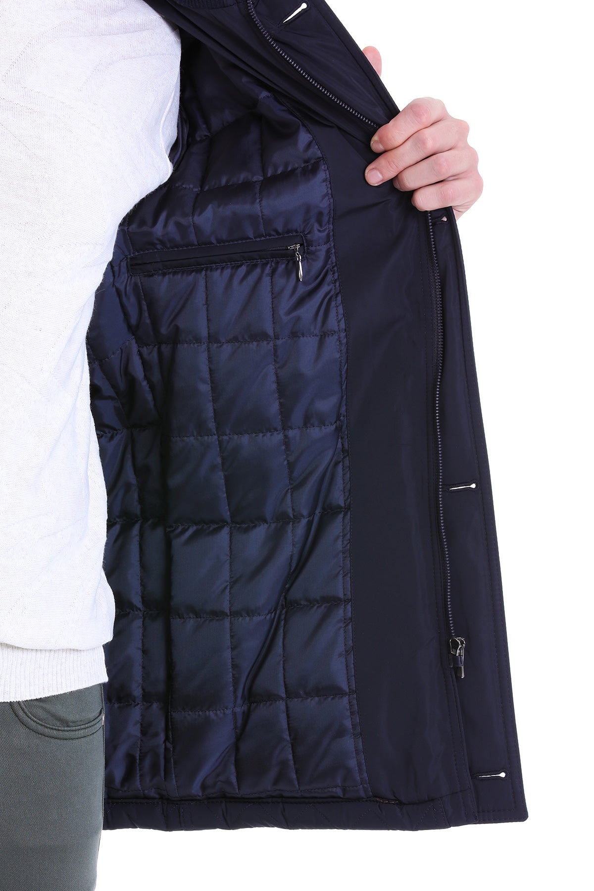 Regular Fit Quilted 1655 Stand Collar Khaki Coat Navy