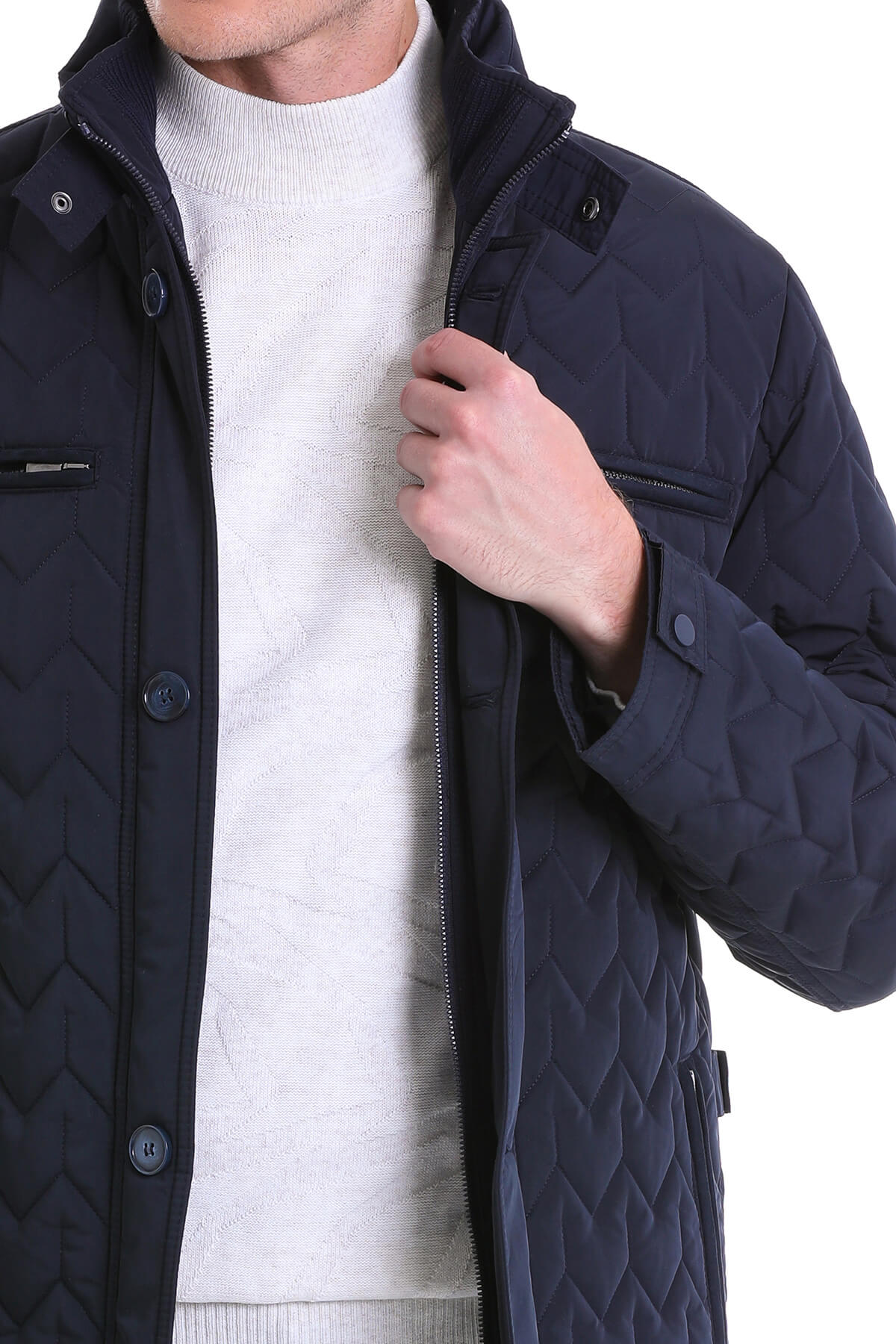 Regular Fit Quilted 1655 Stand Collar Khaki Coat Navy