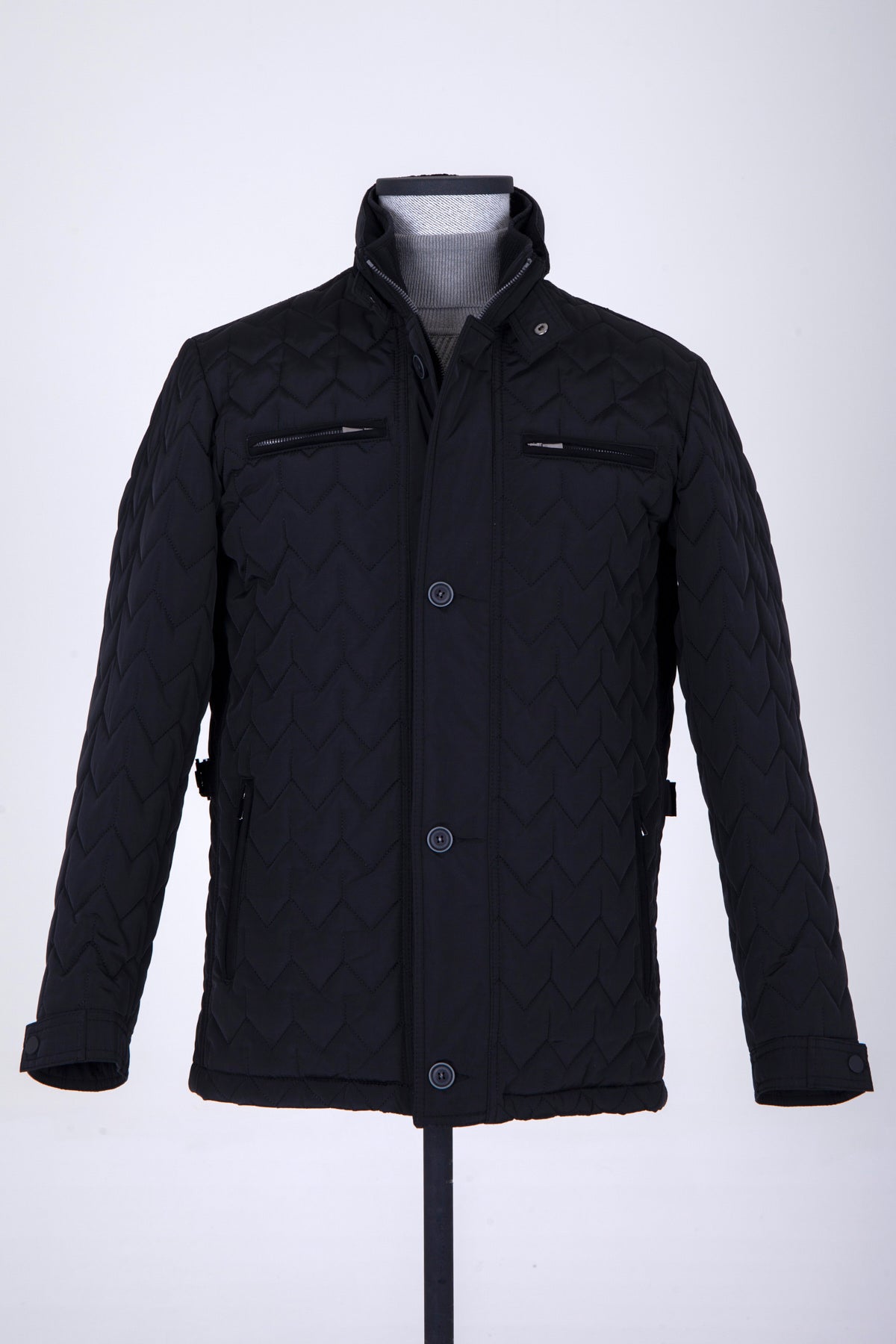 Regular Fit Quilted Stand Collar Navy Coat Black - SAYKI