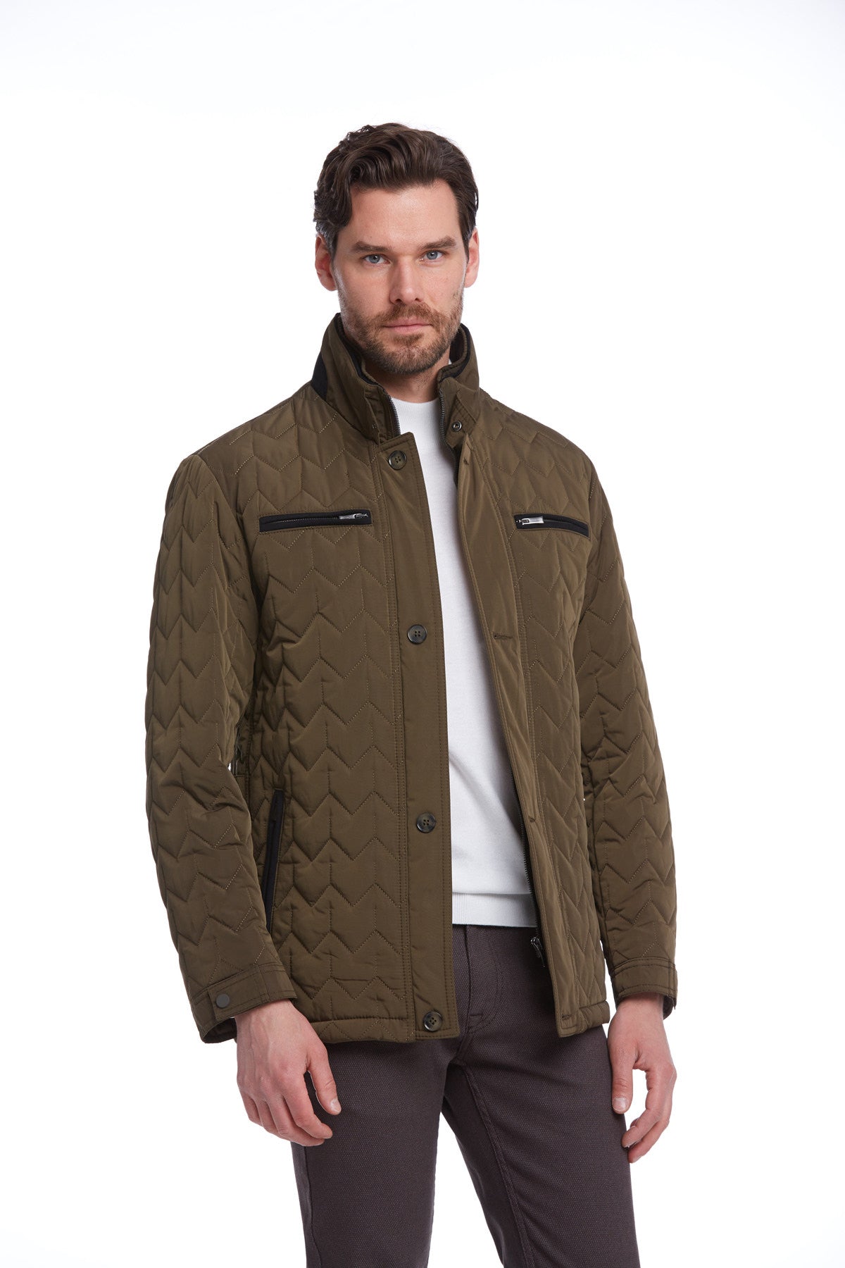 Regular Fit Quilted Stand Collar Navy Coat Khaki - SAYKI