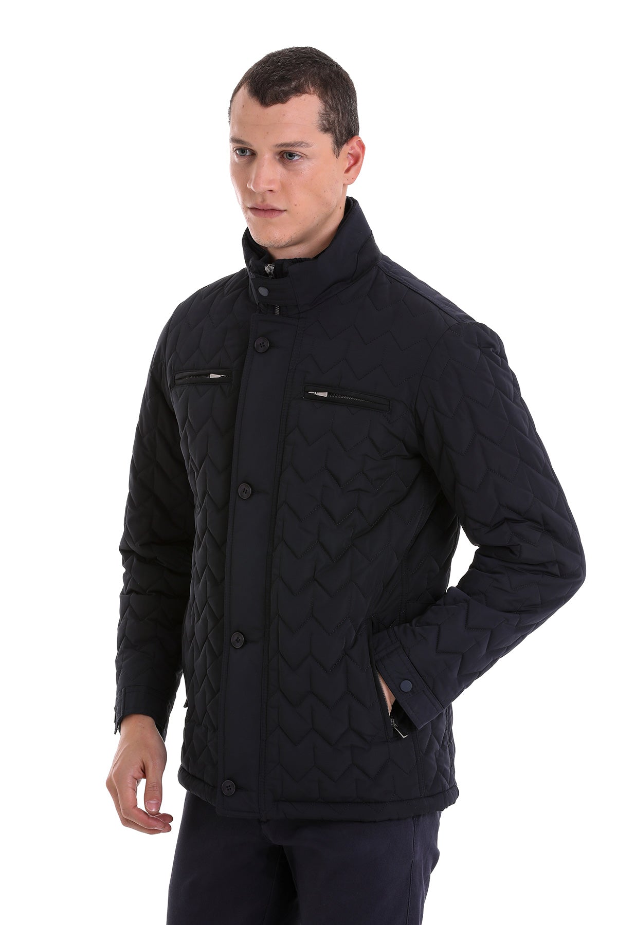 Regular Fit Quilted Stand Collar Navy Coat Navy - SAYKI