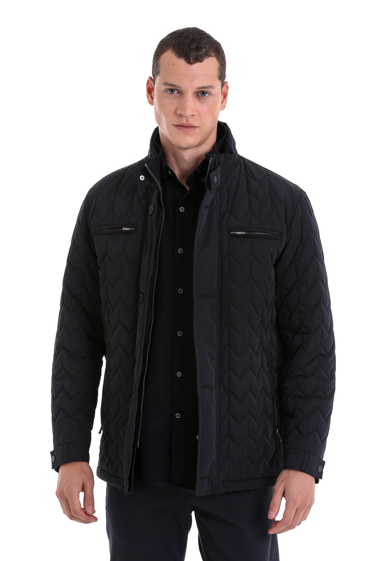 Regular Fit Quilted Stand Collar Navy Coat Navy - SAYKI