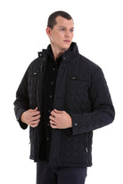 Regular Fit Quilted Stand Collar Navy Coat Navy - SAYKI