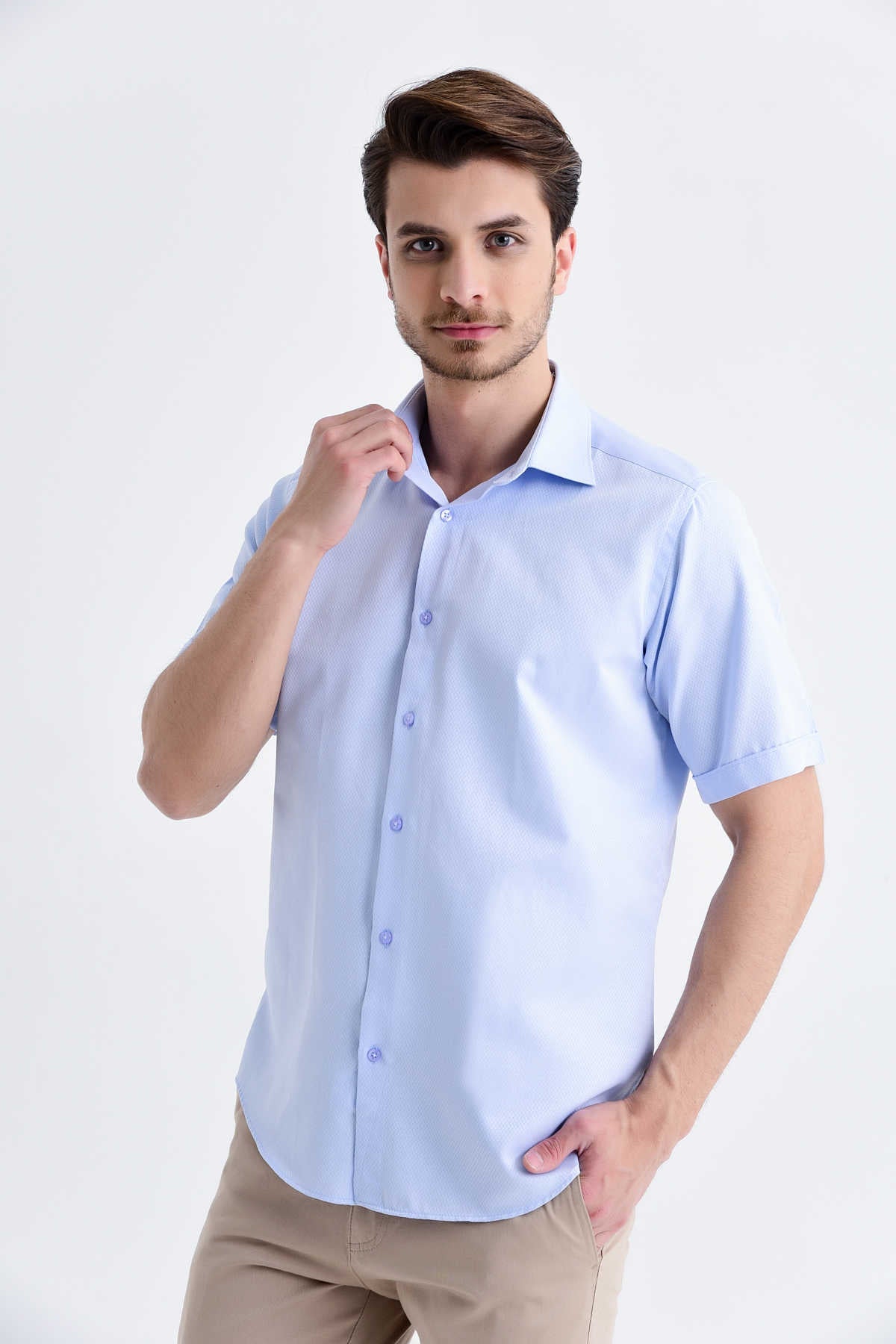 Regular Fit Short Sleeve Patterned Cotton Blend Dress Shirt