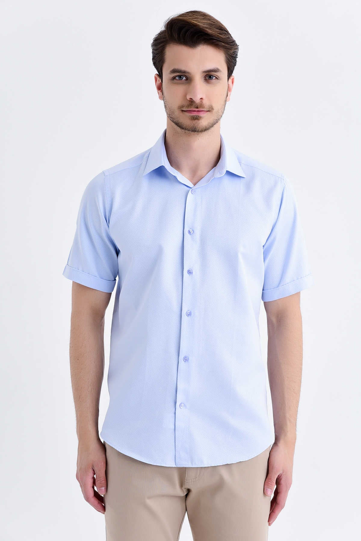 Regular Fit Short Sleeve Patterned Cotton Blend Dress Shirt