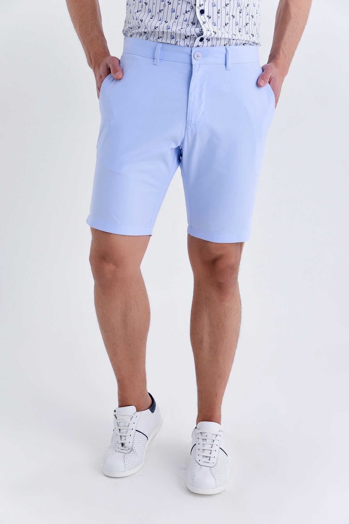 Regular Fit Side Pocket Low Waist Light Blue Cotton Shorts