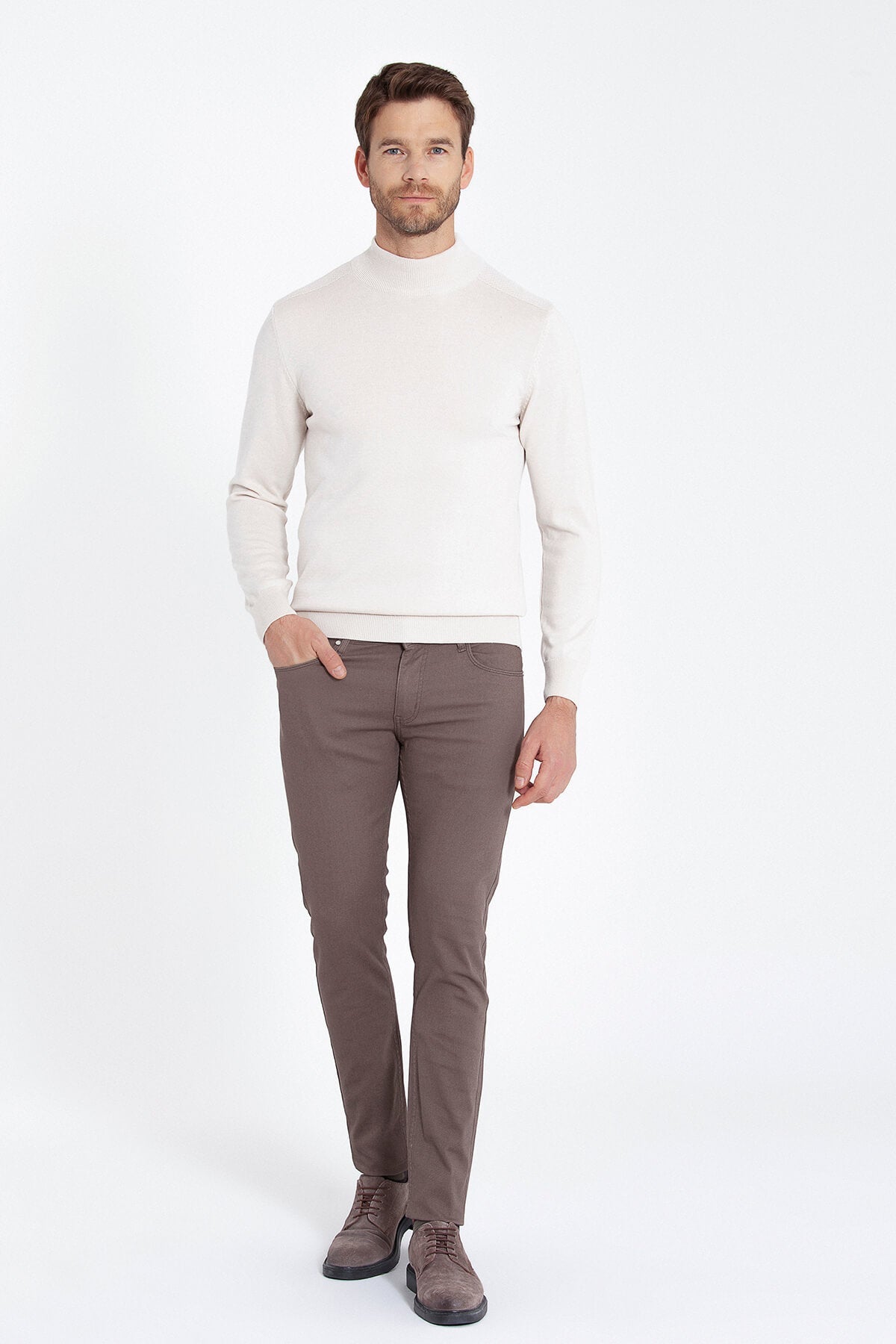 Regular Fit Stone Cotton Blend Mock Neck Sweater - SAYKI