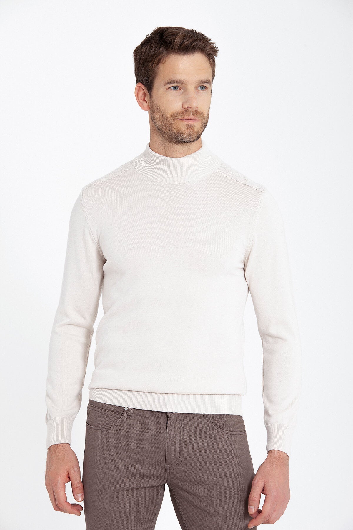 Regular Fit Stone Cotton Blend Mock Neck Sweater - SAYKI