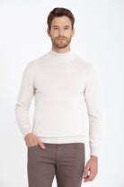 Regular Fit Stone Cotton Blend Mock Neck Sweater - SAYKI