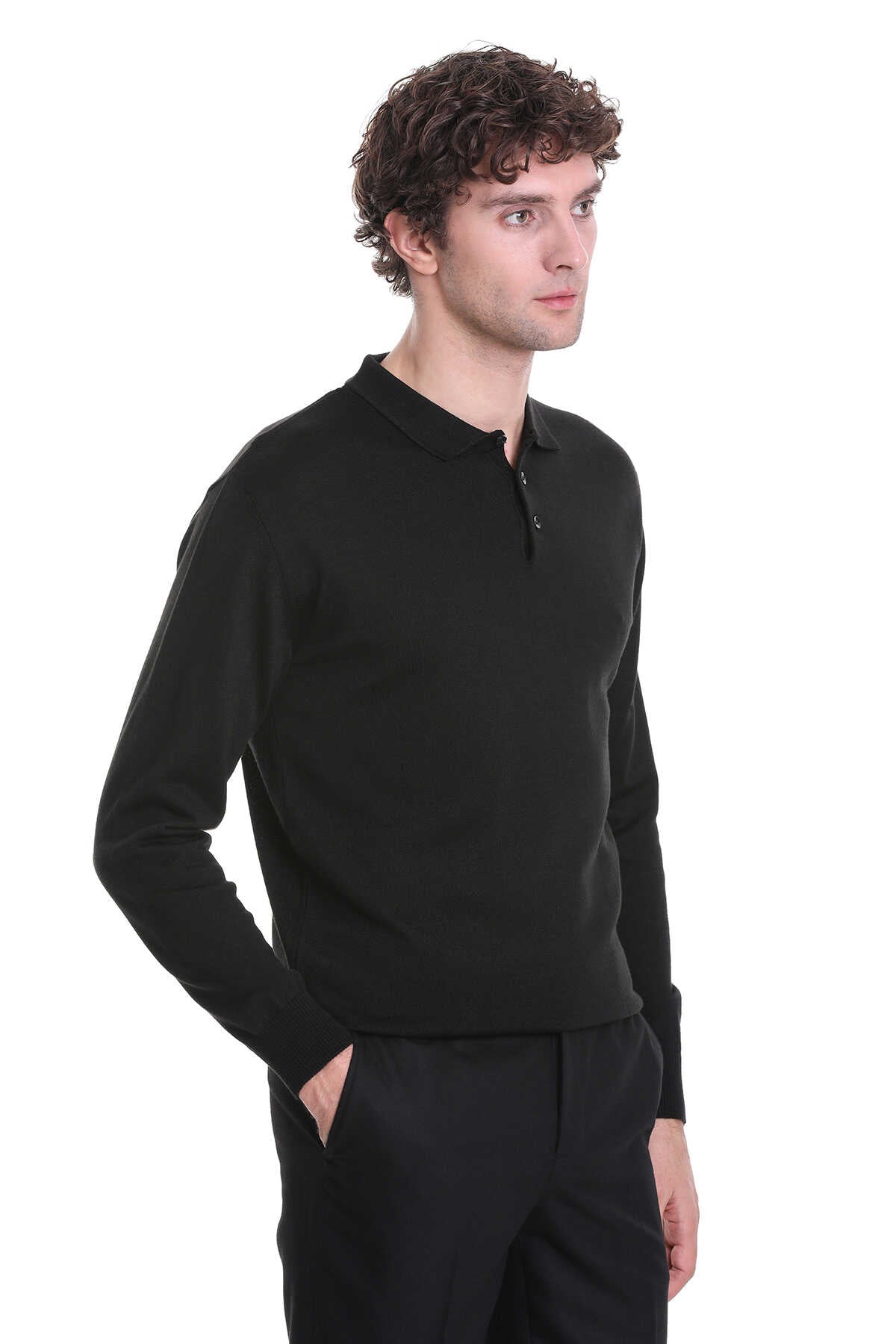 Regular Fit Wool Blend Black Polo Sweater - MIB