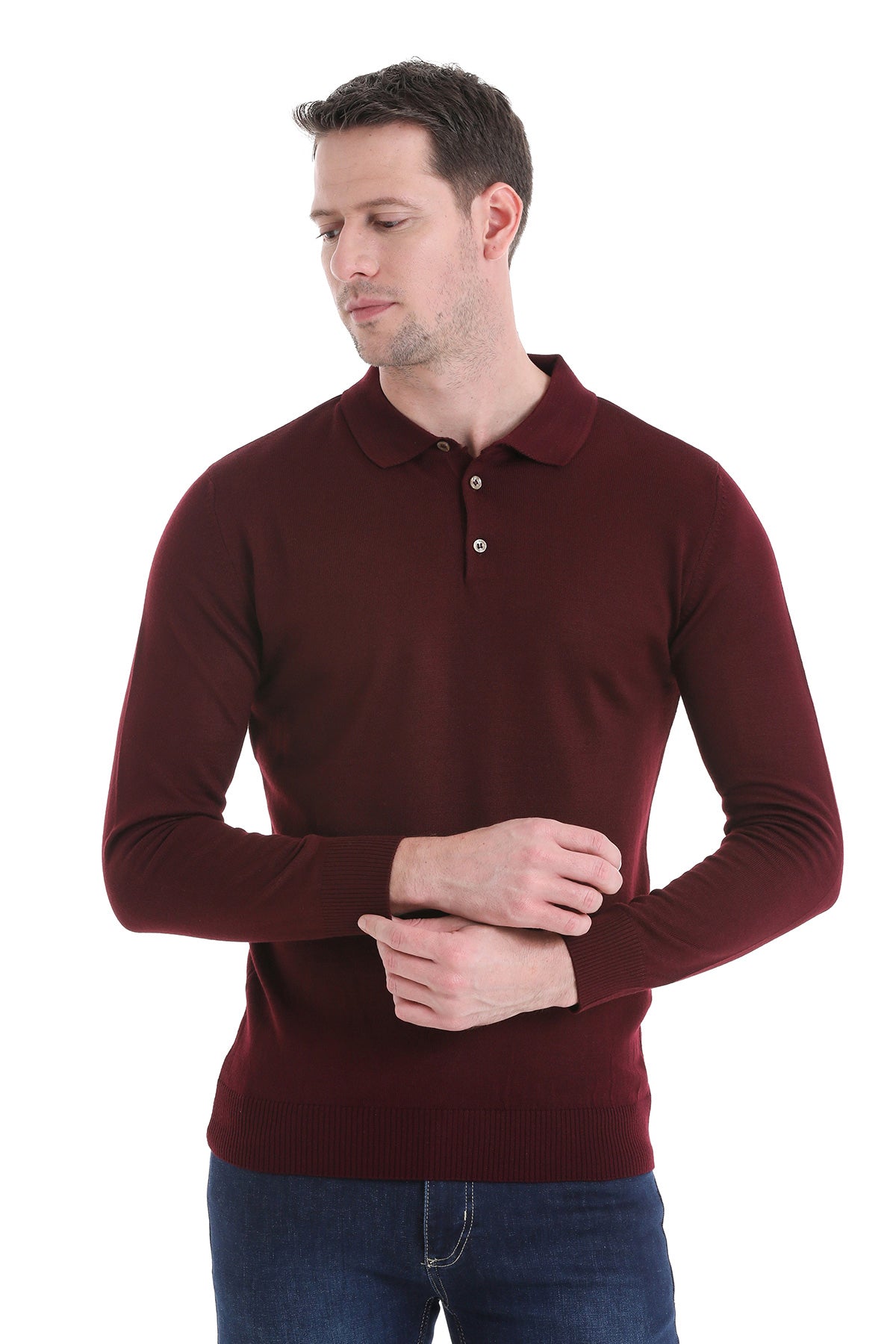 Regular Fit Wool Blend Burgundy Polo Sweater - MIB