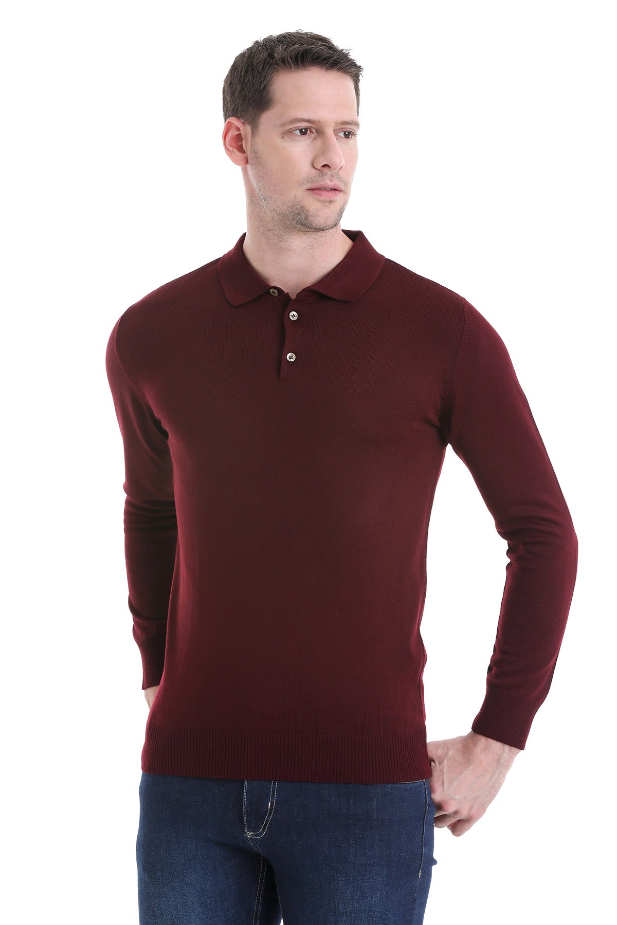 Regular Fit Wool Blend Burgundy Polo Sweater - MIB