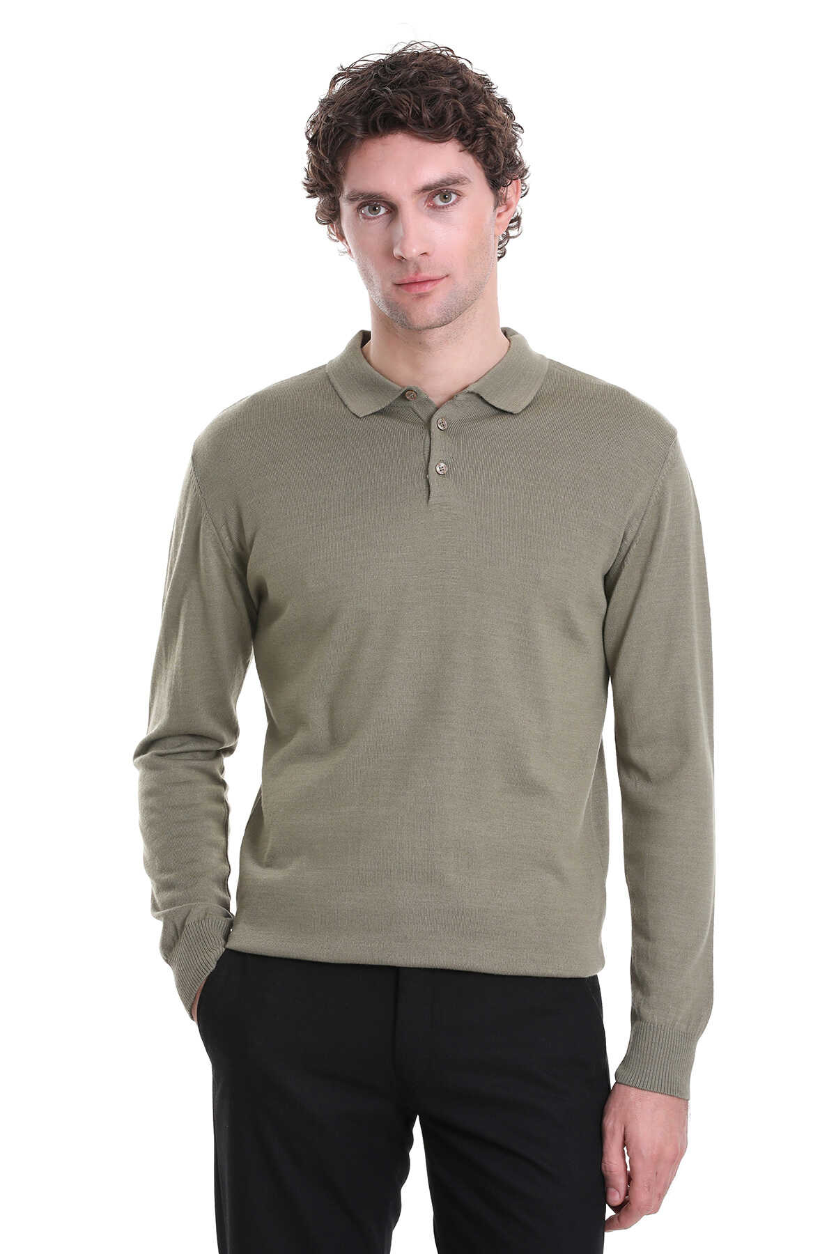 Regular Fit Wool Blend Green Polo Sweater - MIB