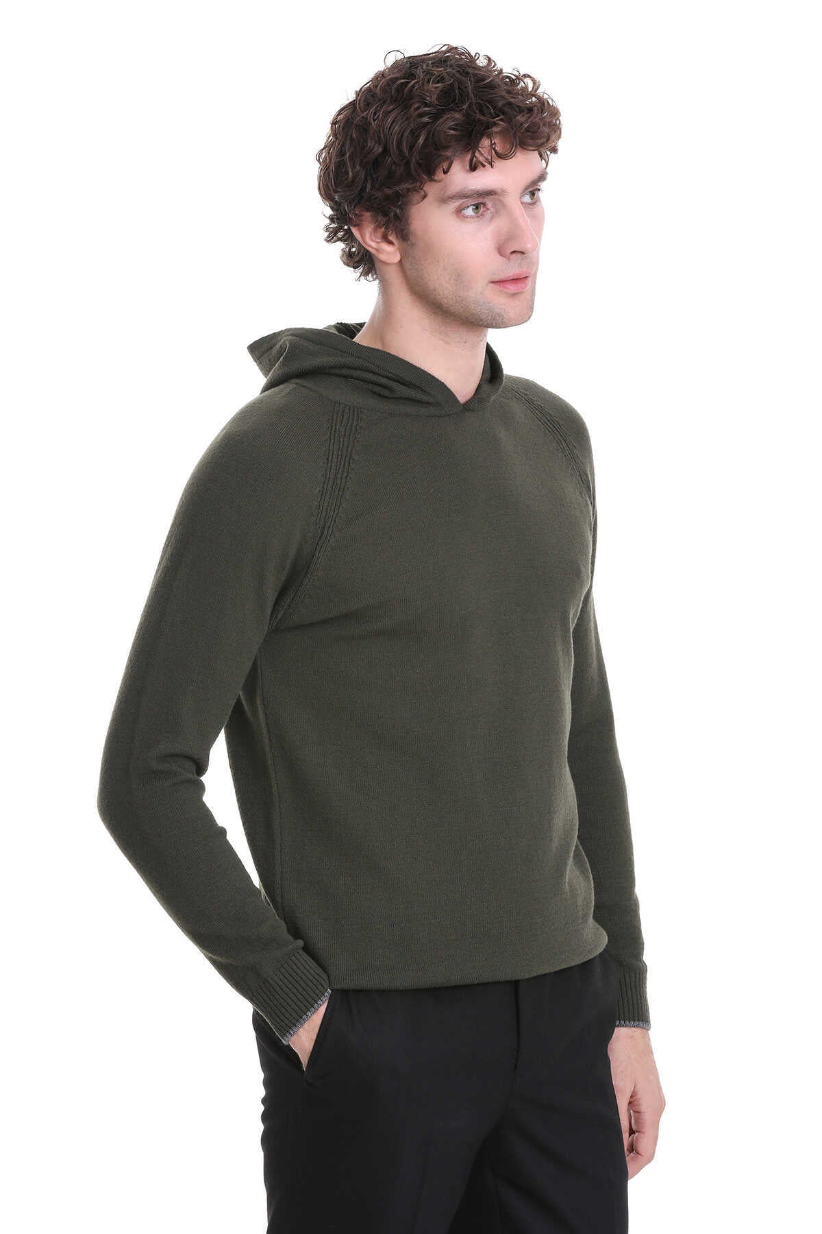 Regular Fit Wool Blend Hooded Khaki Crewneck Sweater - MIB