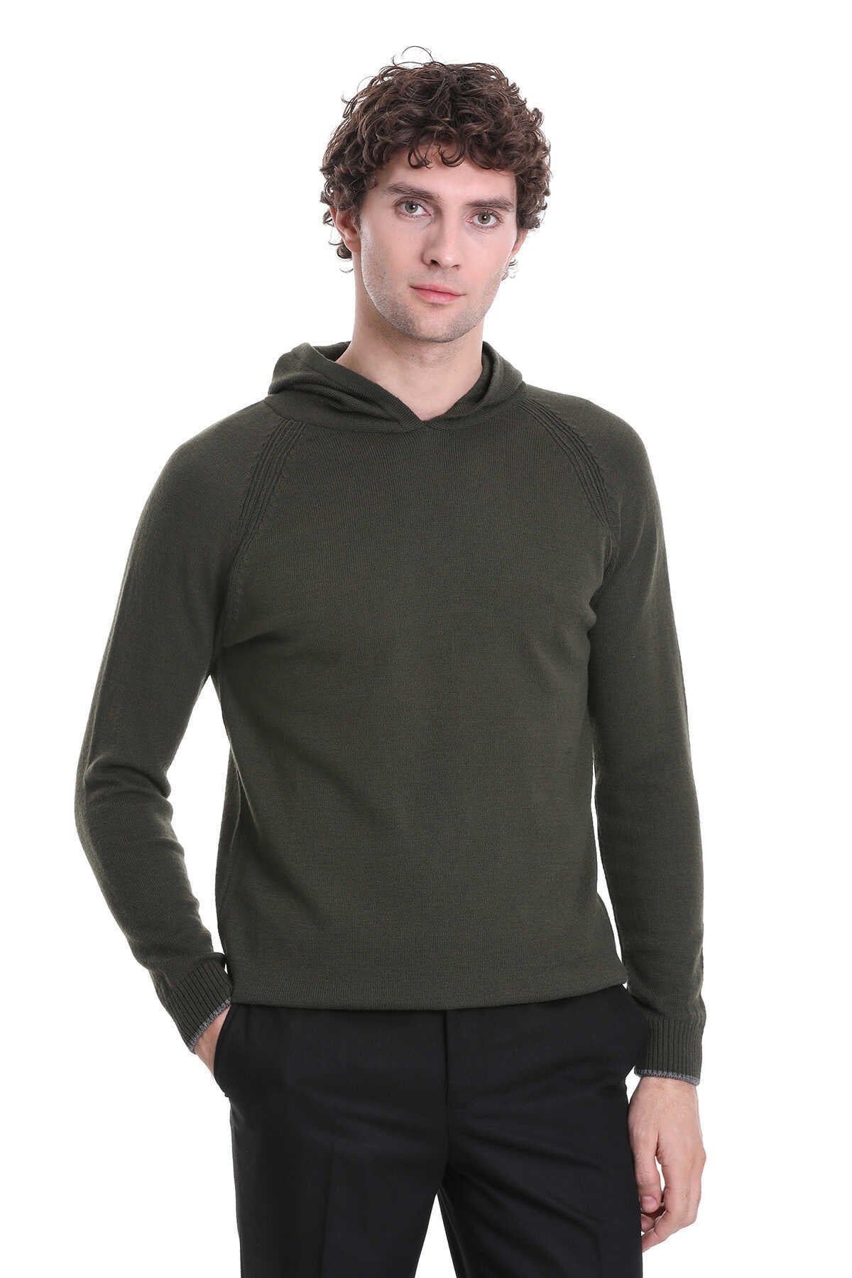 Regular Fit Wool Blend Hooded Khaki Crewneck Sweater - MIB