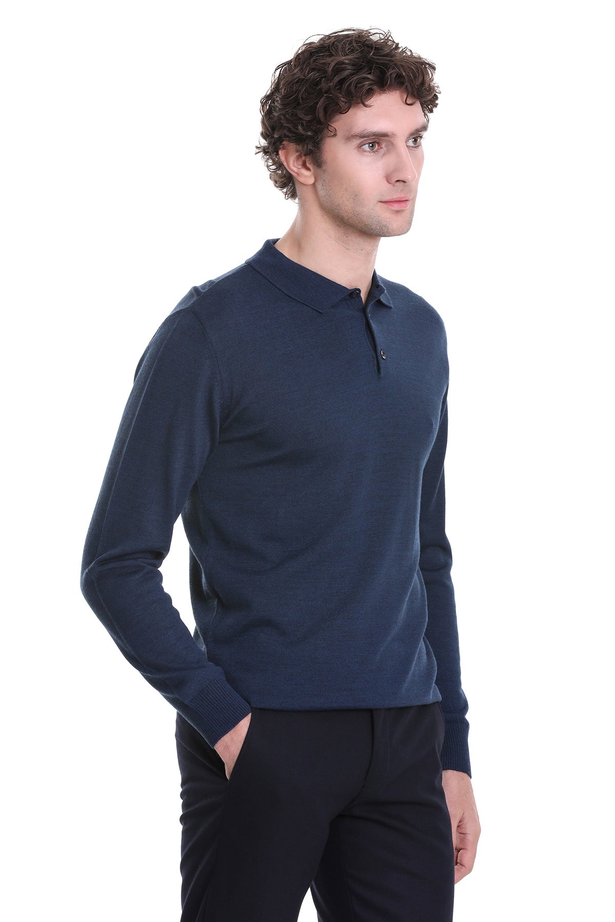 Regular Fit Wool Blend Indigo Polo Sweater - MIB