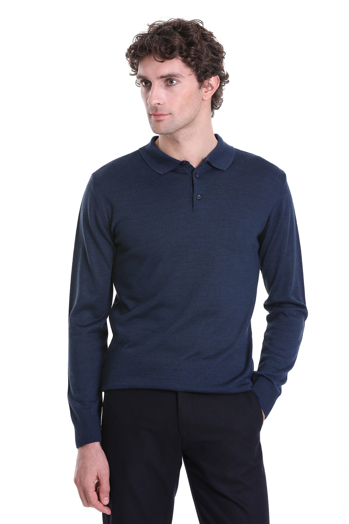 Regular Fit Wool Blend Indigo Polo Sweater - MIB