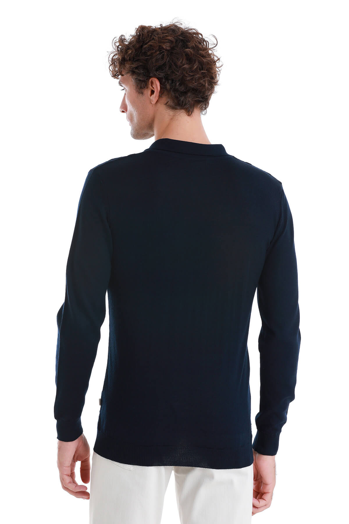 Regular Fit Wool Blend Jacquard Navy Polo Sweater - MIB