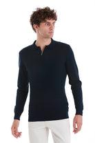 Regular Fit Wool Blend Jacquard Navy Polo Sweater - MIB