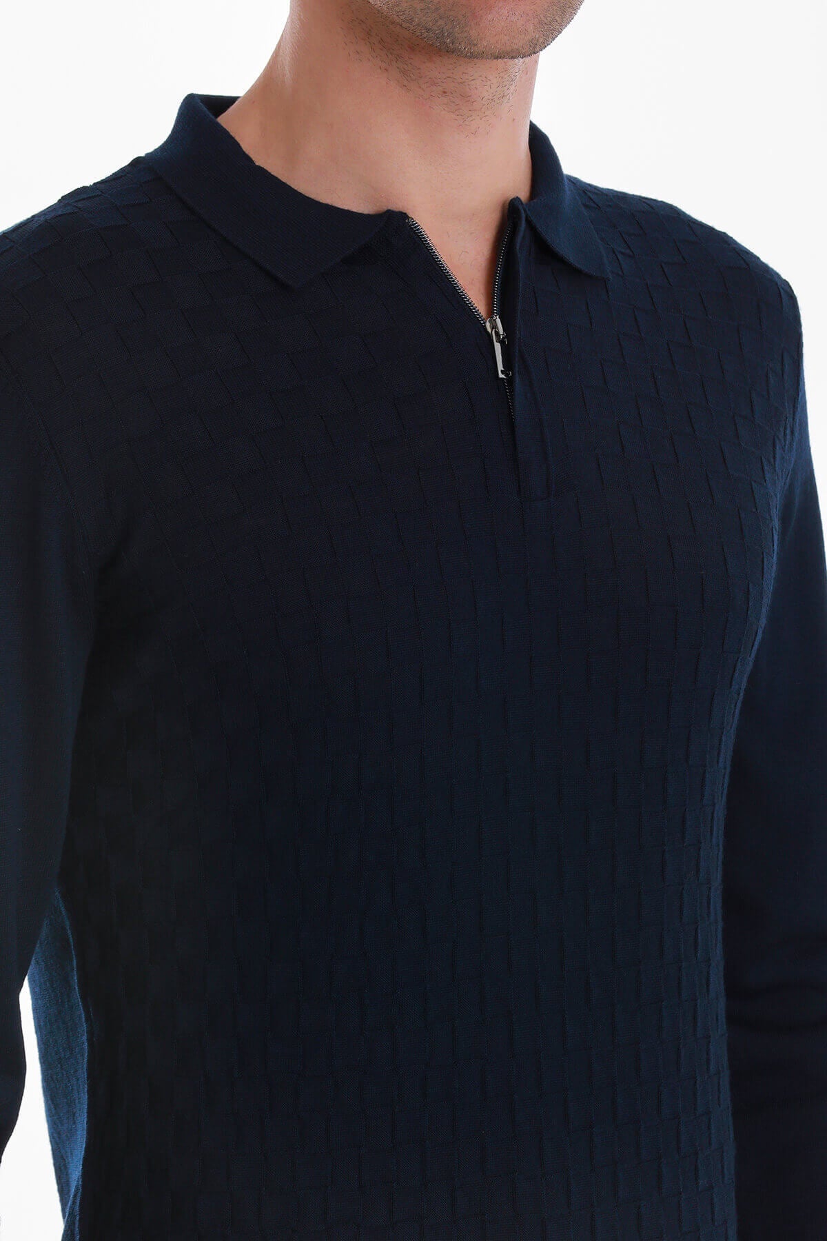 Regular Fit Wool Blend Jacquard Navy Polo Sweater - MIB