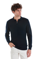 Regular Fit Wool Blend Jacquard Navy Polo Sweater - MIB