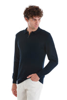 Regular Fit Wool Blend Jacquard Navy Polo Sweater - MIB