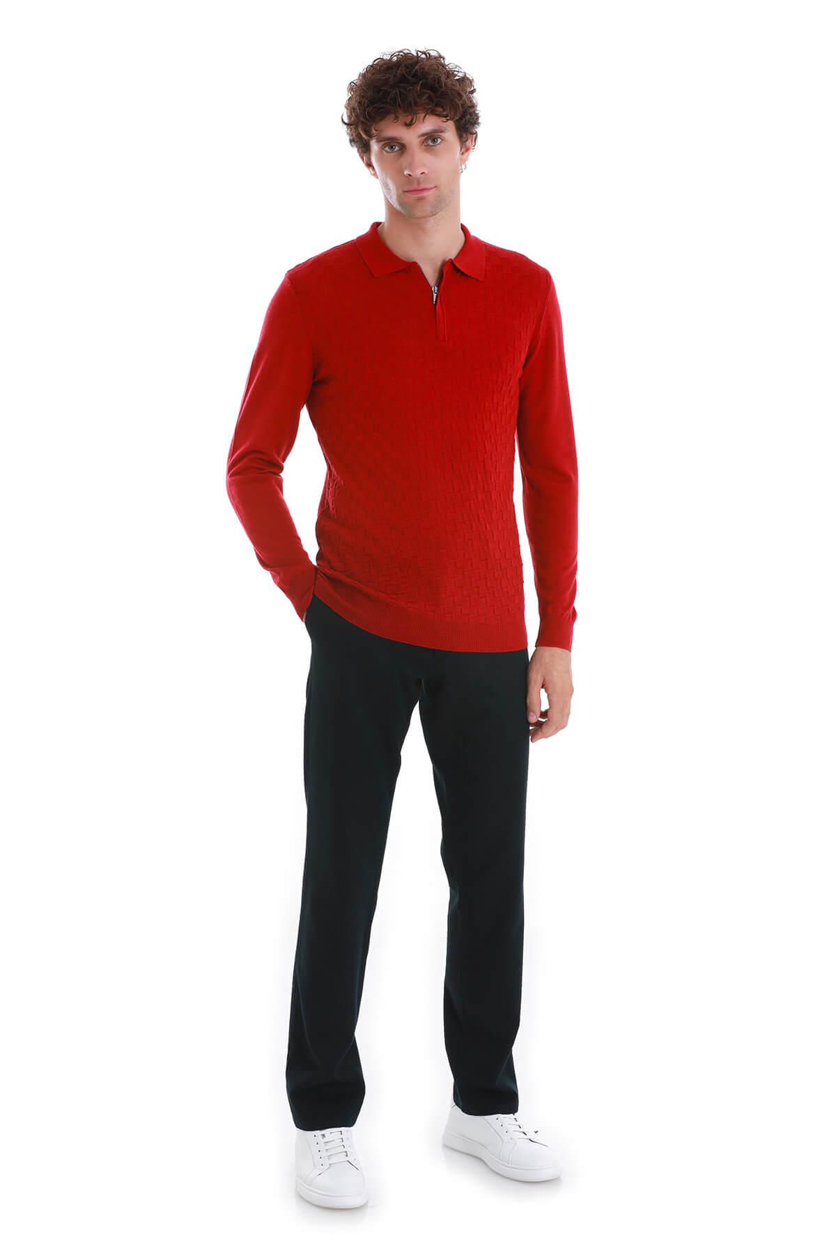 Regular Fit Wool Blend Jacquard Red Polo Sweater - MIB