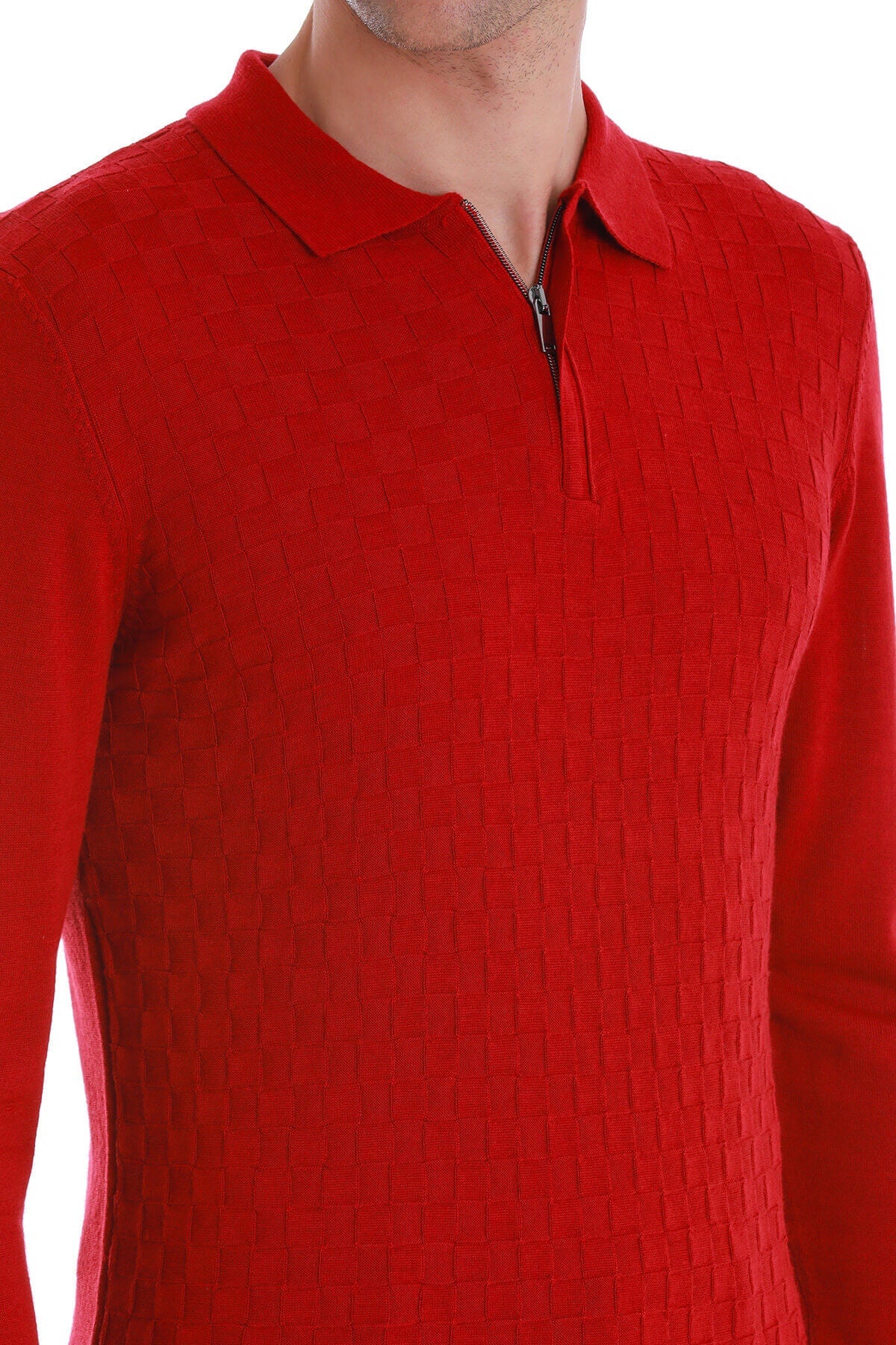 Regular Fit Wool Blend Jacquard Red Polo Sweater - MIB