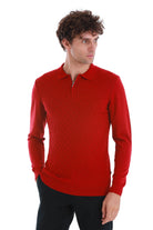 Regular Fit Wool Blend Jacquard Red Polo Sweater - MIB