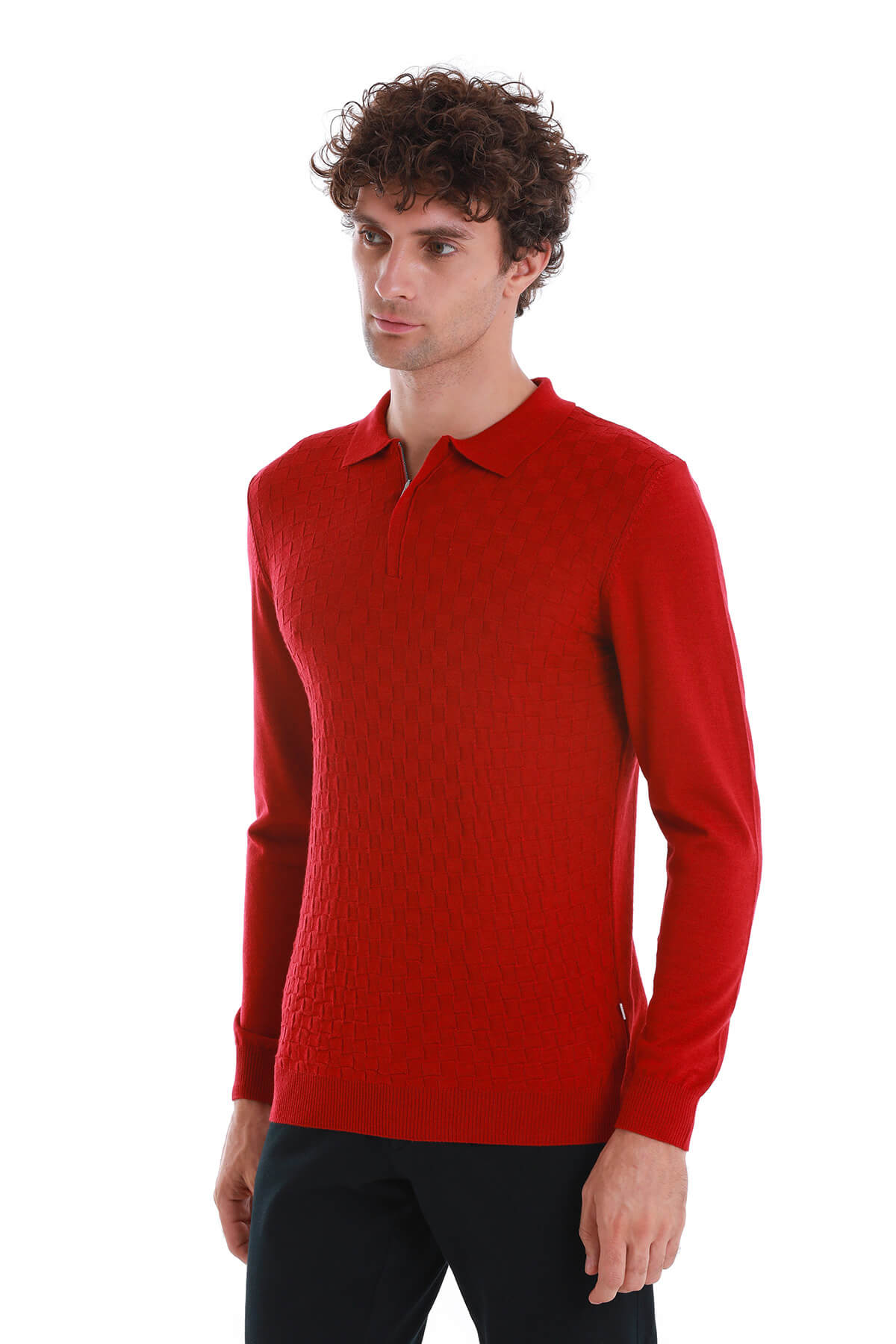 Regular Fit Wool Blend Jacquard Red Polo Sweater - MIB