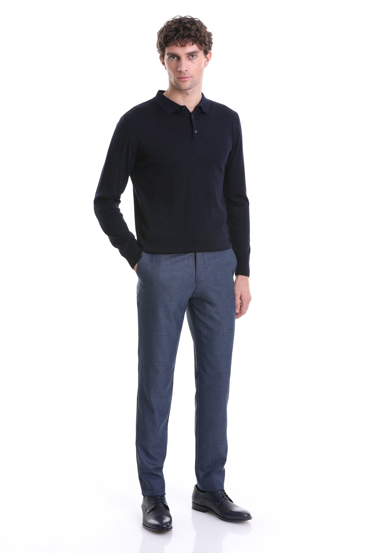 Regular Fit Wool Blend Navy Polo Sweater - MIB