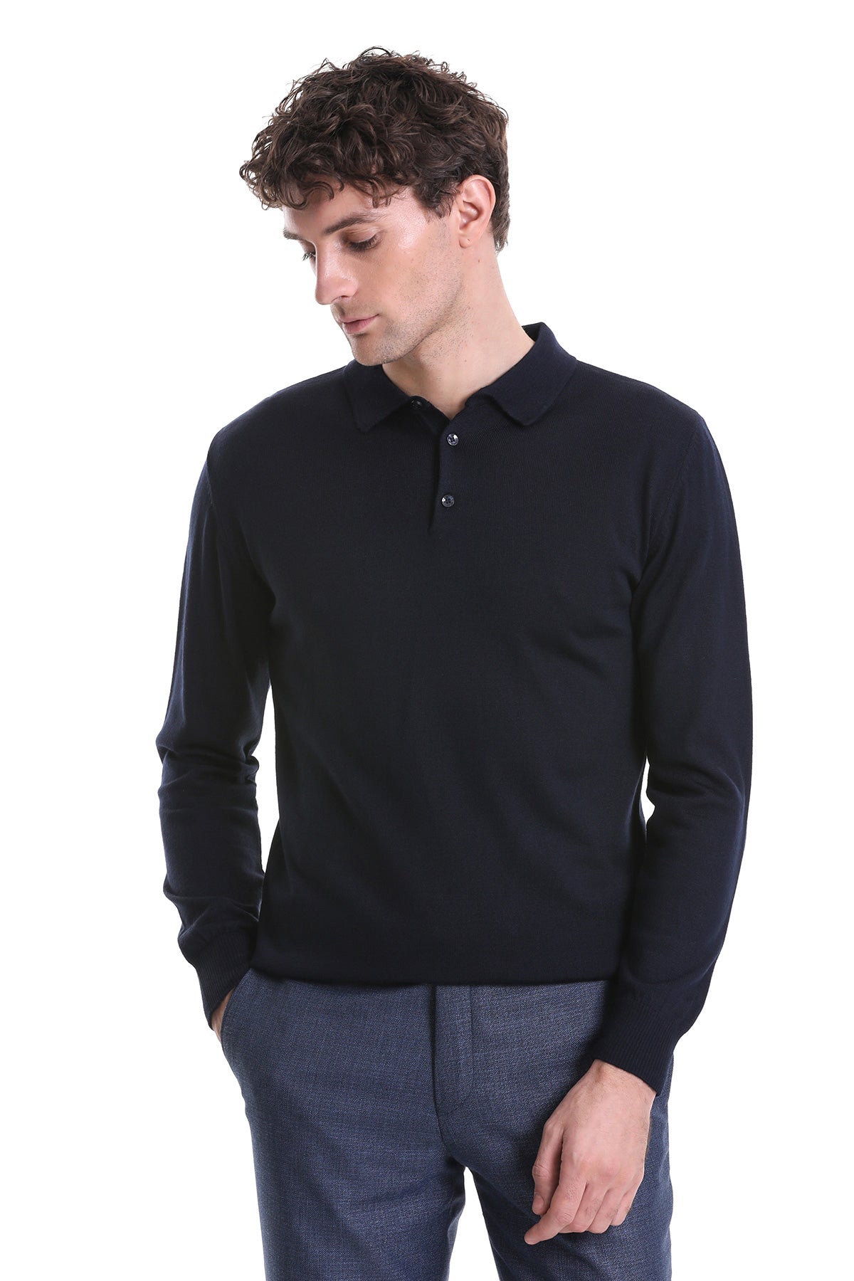 Regular Fit Wool Blend Navy Polo Sweater - MIB