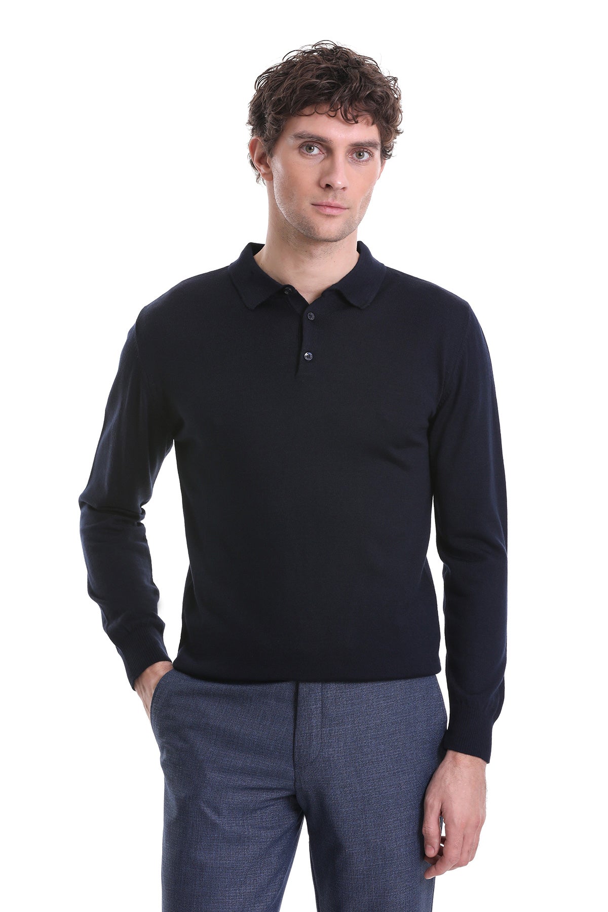 Regular Fit Wool Blend Navy Polo Sweater - MIB