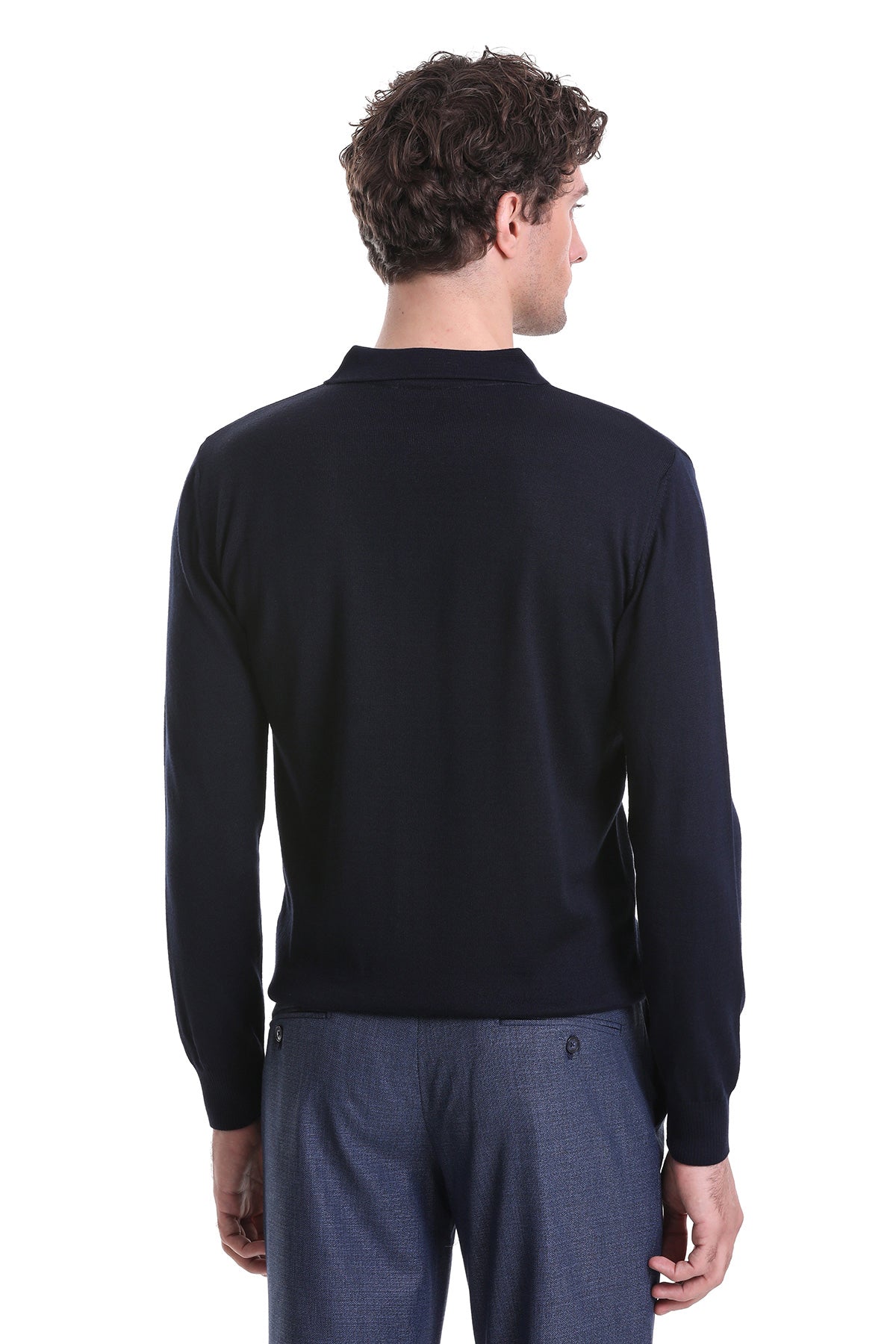 Regular Fit Wool Blend Navy Polo Sweater - MIB