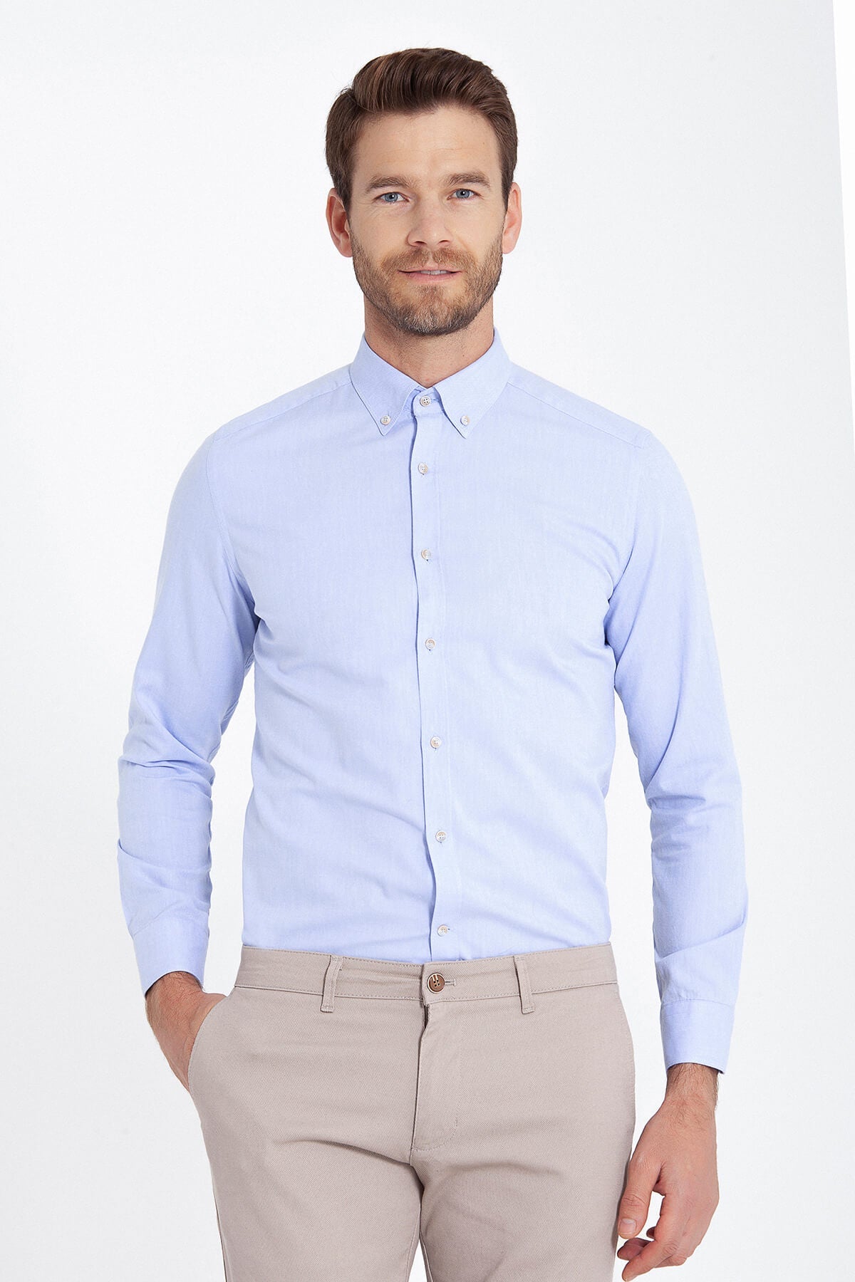 Slim Fit 100% Cotton Button-Down Light Blue Casual Shirt