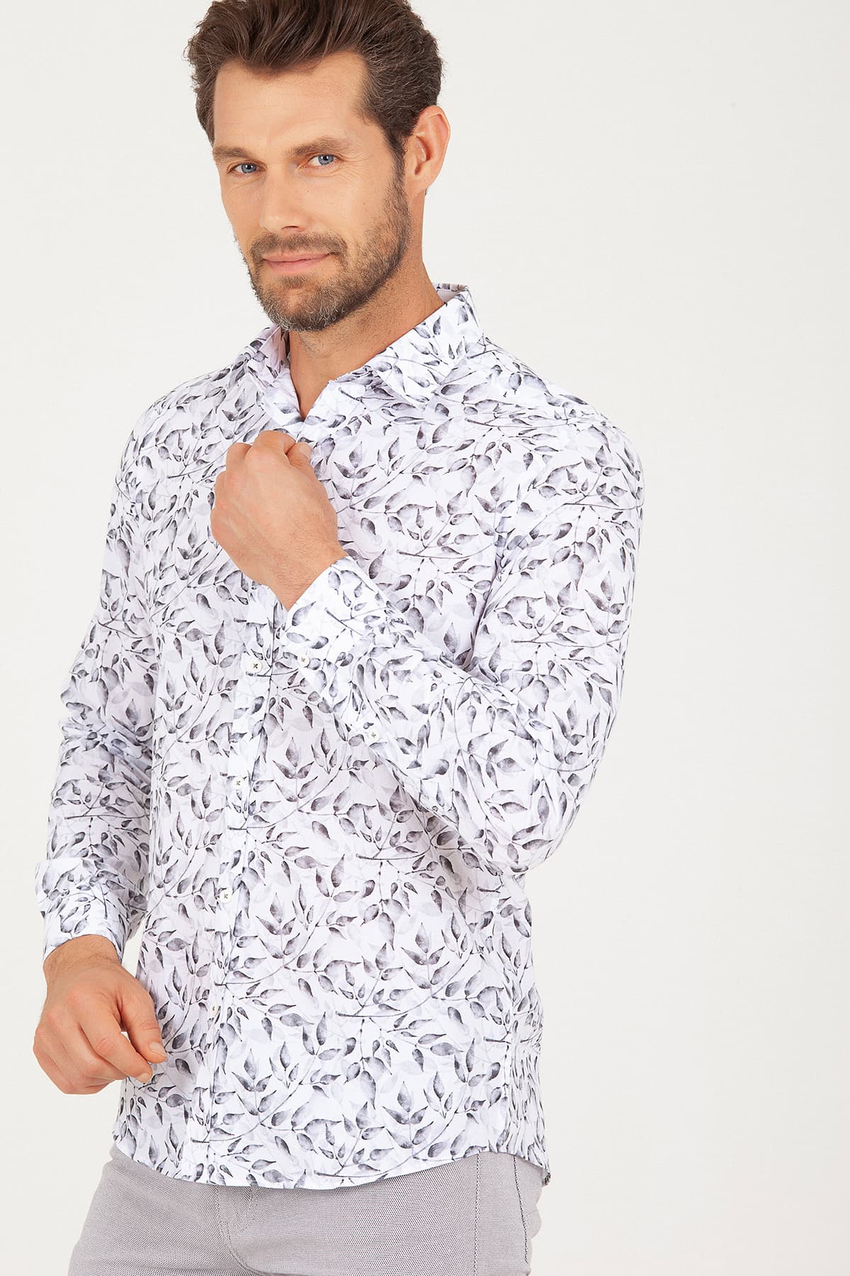 Slim Fit 100% Cotton Long Sleeve Floral Gray Casual Shirt