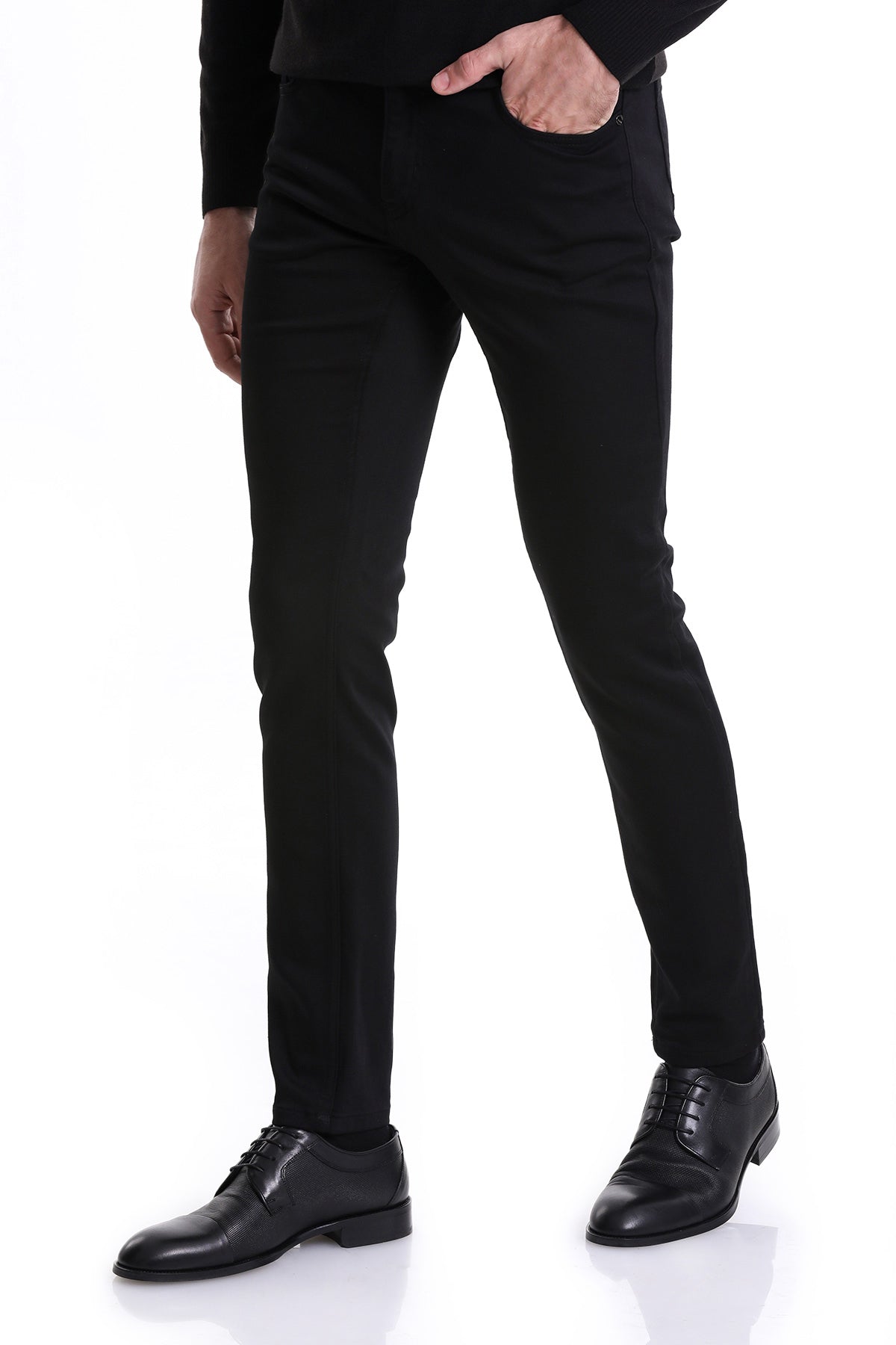 Slim Fit 5 Pocket Low Waist Black Cotton Blend Casual Pants